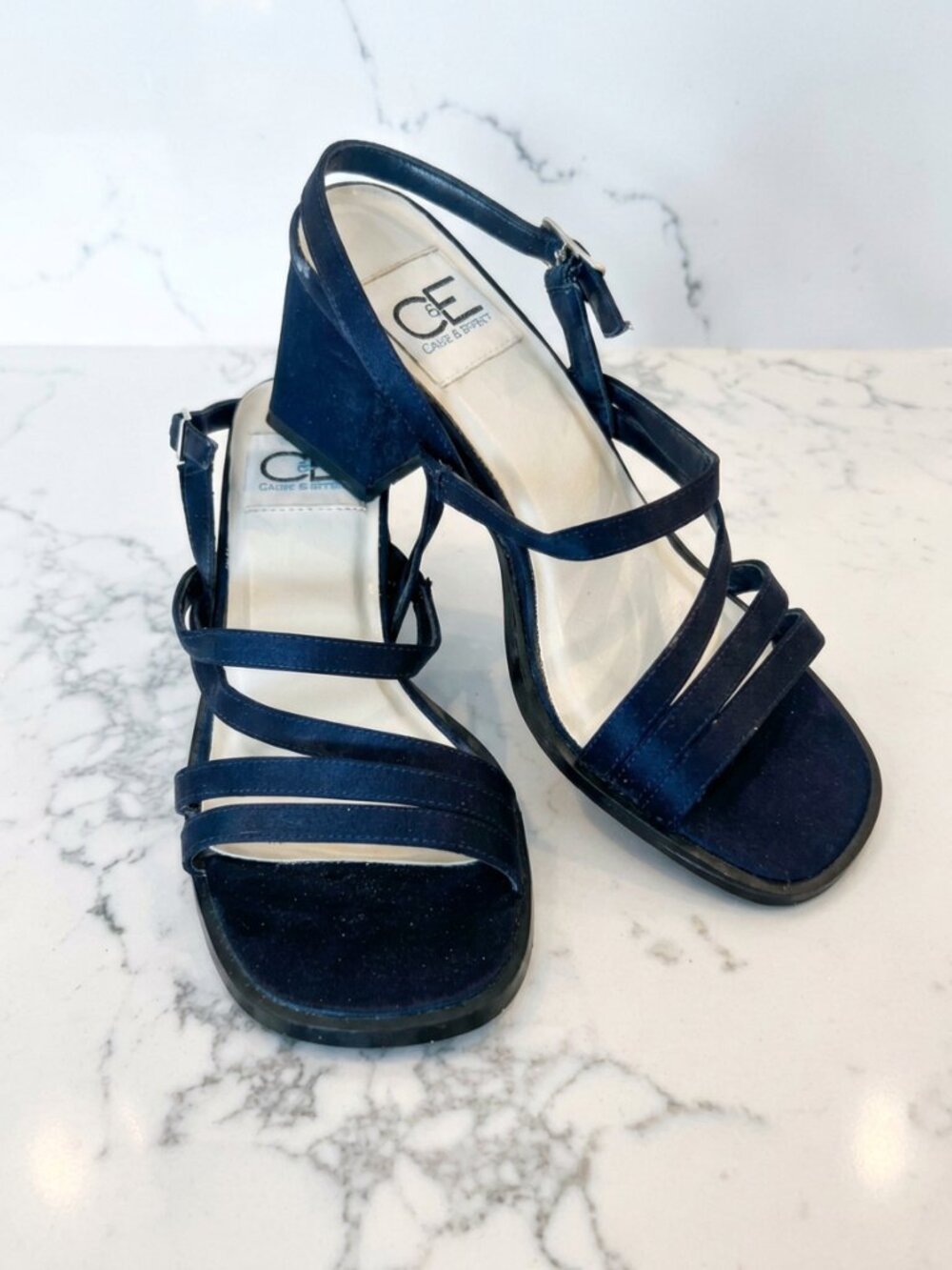 Navy Blue Heels -Summer Strappy Box Toe Slingback Size 6.5